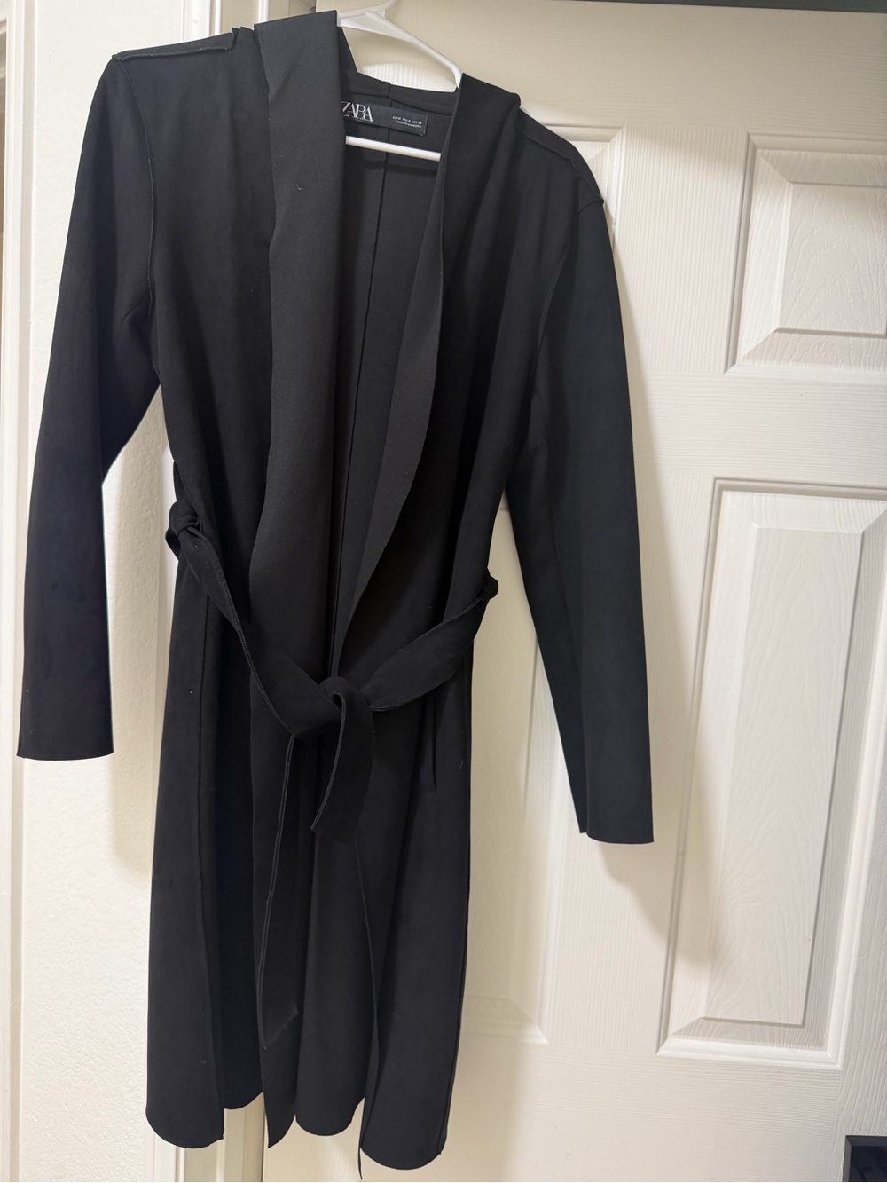 Zara Black Long Satin-Trim Wrap Robe with Belt